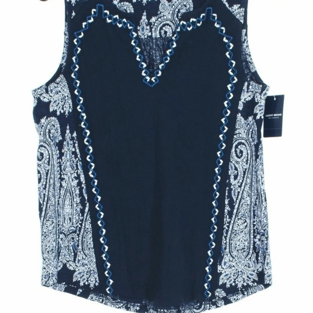 NEW! LUCKY BRAND navy embroidered boho sleeveless tank top.